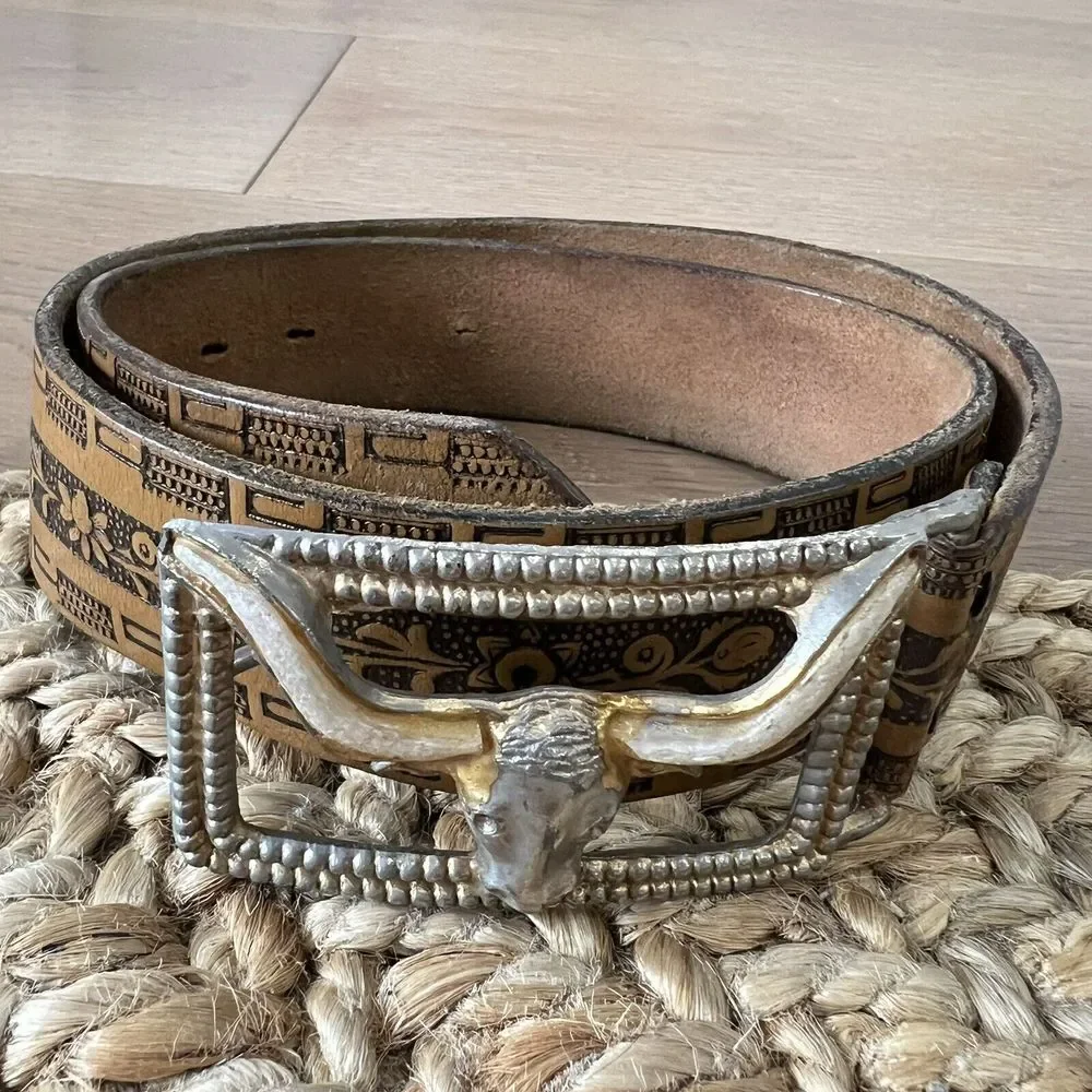 VTG Boys 60s BULL LONGHORN FABIL Tooled Steerhide Leather Western COWBOY Belt 28